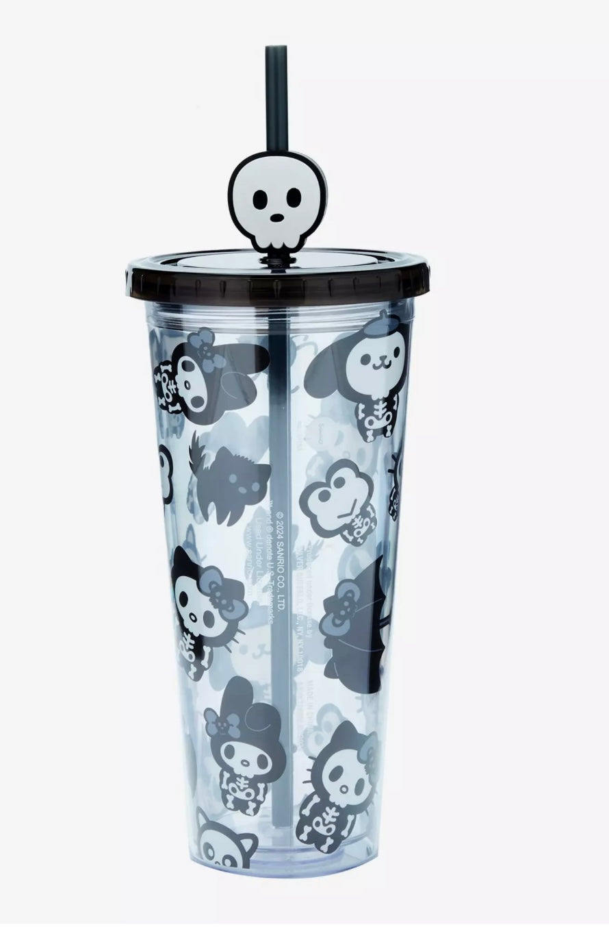 Silver Buffalo Sanrio Hello Kitty And Friends Spooky Halloween Plastic Cold Cup with Lid and Straw Topper Featuring Hello Kitty, Badtz Maru, Purin, Keroppi, and Chococat, 24 Ounces