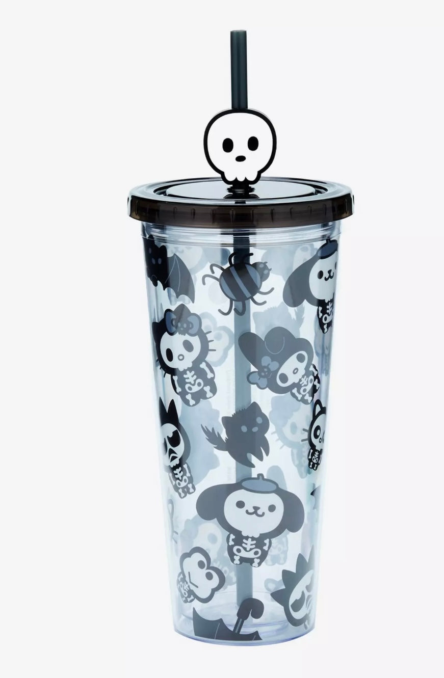 Silver Buffalo Sanrio Hello Kitty And Friends Spooky Halloween Plastic Cold Cup with Lid and Straw Topper Featuring Hello Kitty, Badtz Maru, Purin, Keroppi, and Chococat, 24 Ounces